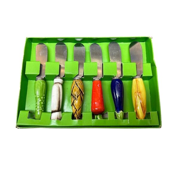 Unbranded Other - Set Of 6 Stainless Steel Cheese Spreaders W/ Hand-Painted Vegetable Handles